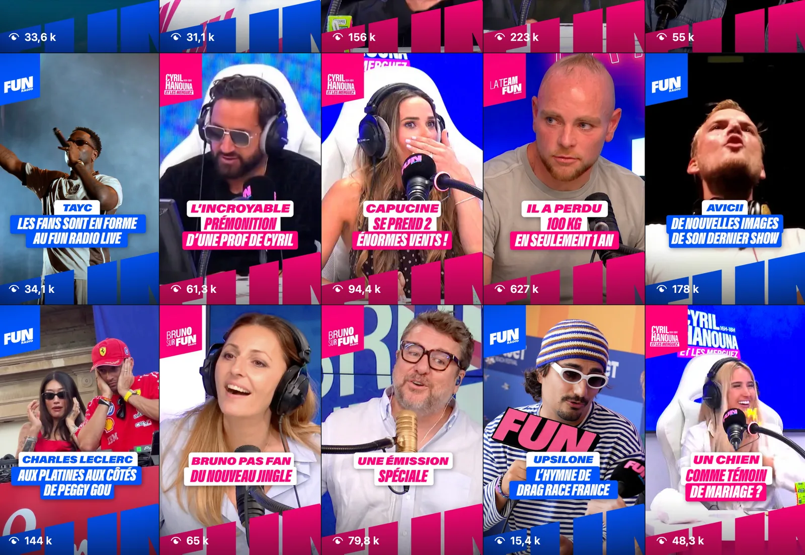 Grille des reels Instagram de Fun Radio, dont celui consacré à Bruno : « Il a perdu 100 kg en seulement 1 an »